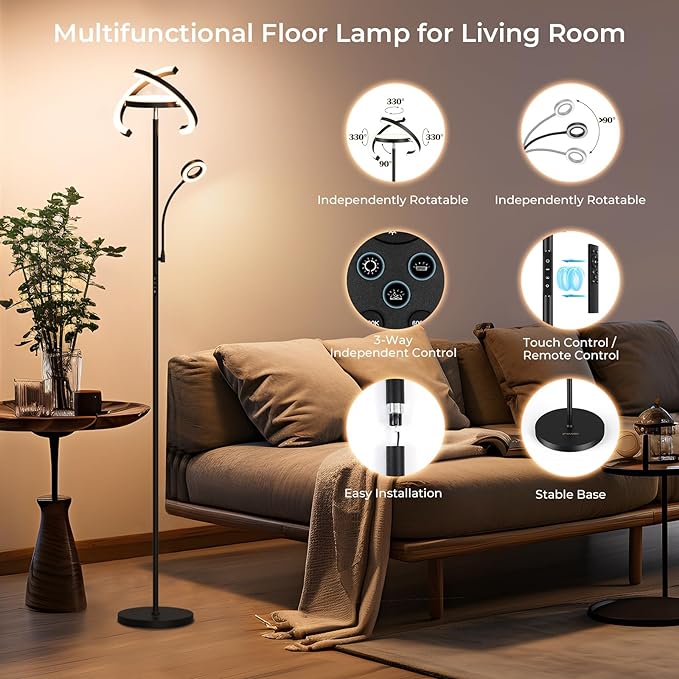 FIMEI 3 in 1 Floor Lamp, Modern Bright Standing Lamp with Split Rotatable Outer Ring Light and Small Reading Light, 4 Color Temperature and Dimmable, 3-Way Independent Control for Living Room Office - LeafyLoom
