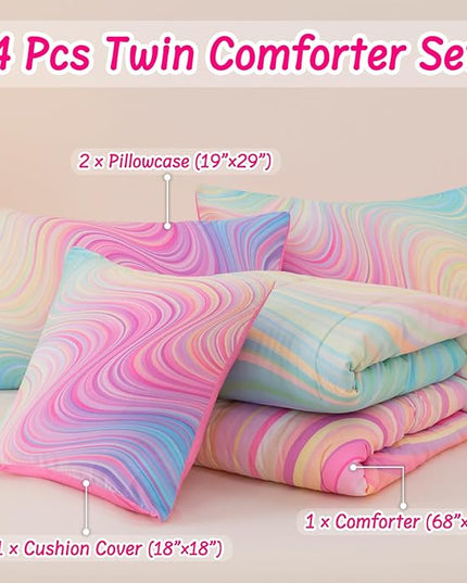4 Pcs Pink Twin Comforter Set for Girls, Tie Dye Superior Kids Teen Bedding Sets, Blue Pink Rainbow Twin Size Bedding Set for Girls - LeafyLoom