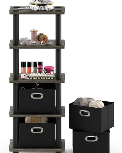 FURINNO Turn-N-Tube LACi 4-Bins System Rack, French Oak Grey/Black - LeafyLoom