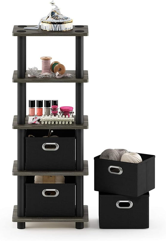 FURINNO Turn-N-Tube LACi 4-Bins System Rack, French Oak Grey/Black - LeafyLoom