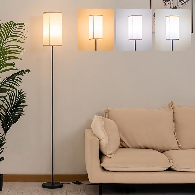 Floor Lamp, Corner Standing Lamp with Linen Lampshade, 3 Color Temperatures, Pole Lamp for Living Room Bedroom Office, Office Lamps for Work, 9W LED Bulb Included - LeafyLoom