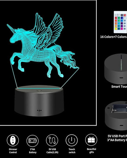 3D Unicorn Night Light for Kids,Acrylic night light 3-Pattern & 16 Colors Change,Decor LED Bedside Night Lamp With remote control, suitable for bedroom, Unicorn Christmas Gifts Toys for Boys Girls - LeafyLoom