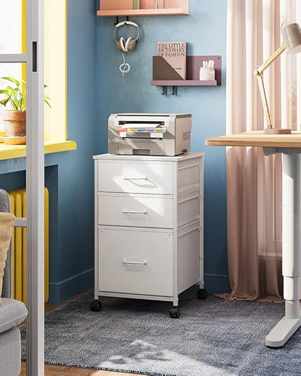 DEVAISE Mobile File Cabinet, Rolling Printer Stand with 3 Drawers, Fabric Vertical Filing Cabinet fits A4 or Letter Size for Home Office, White - LeafyLoom