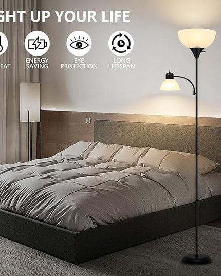 Floor Lamp for Living Room 9W LED Torchiere Floor Lamp with 9W Adjustable Reading Lamp Black 72" Tall Floor Lamps for Bedroom Office Two Independent Rotary switches Including 2 Light Bulbs. - LeafyLoom