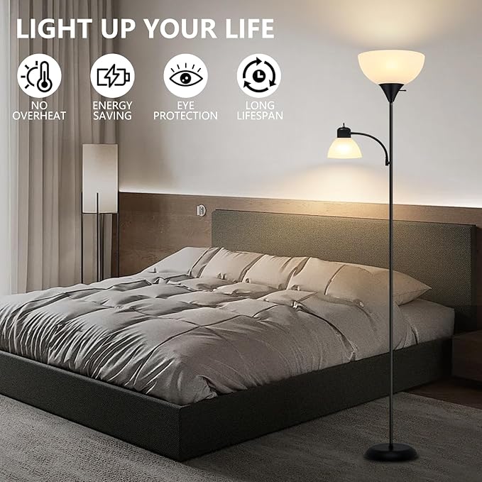 Floor Lamp for Living Room 9W LED Torchiere Floor Lamp with 9W Adjustable Reading Lamp Black 72" Tall Floor Lamps for Bedroom Office Two Independent Rotary switches Including 2 Light Bulbs. - LeafyLoom