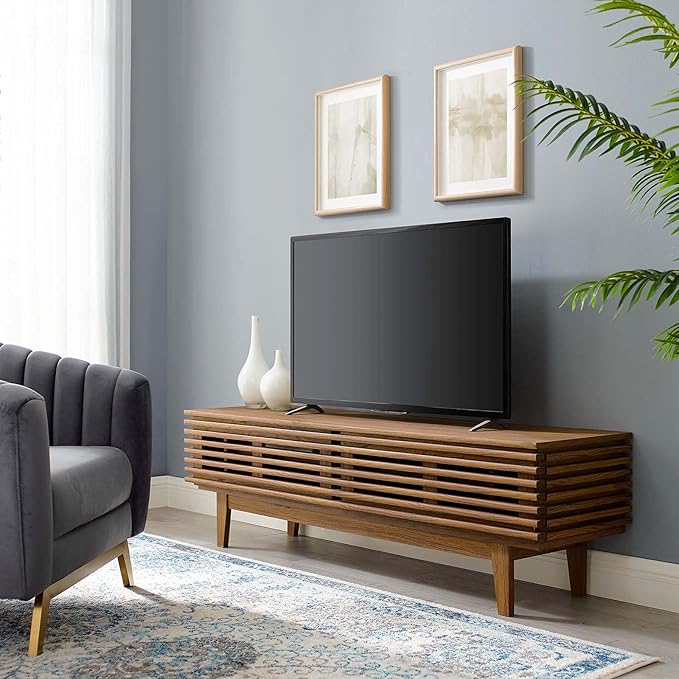 Modway Render 60" Mid-Century Modern Low Profile TV Stand in Walnut, 60 Inch - LeafyLoom