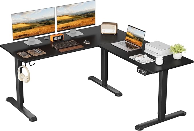 L-Shaped Electric Standing Desk, 63 x 55 Inches Height Adjustable Coner Table, Home Office Computer Workstation, Black, 63 x 55 Inch - LeafyLoom