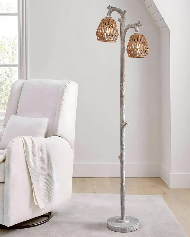 OYEARS Retro Farmhouse Rattan Floor Lamp Boho for Living Room Rustic Standing Lamps Tree Trunk Deco Modern Country Vintage Wood Grain 62" Tall Corner Floor Lamp Bedroom Office… - LeafyLoom