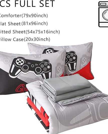 KAKKI 5 Piece Boys Full Gamer Comforter Set with Sheets, 3D Colorful Video Game Controller Comforter for Kids Teen, All Season Soft Microfiber Gaming Bedding Set(Red,Full) - LeafyLoom