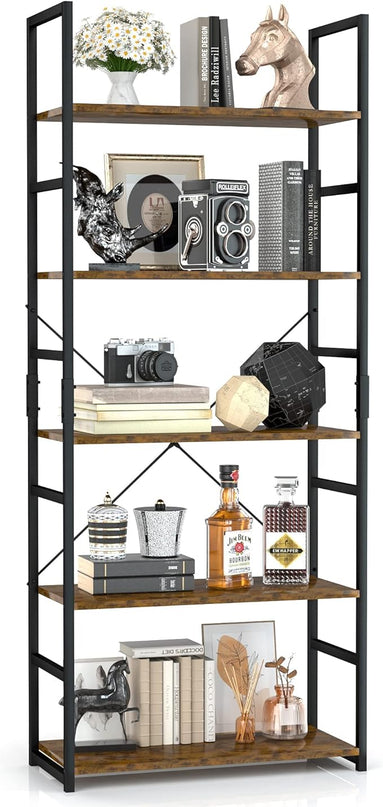 OTK 5 Tier Bookshelf, Tall Bookcase, Office Shelf Storage Organizer, Modern Book Shelf for Living Room, Bedroom, and Home Office, Vintage - LeafyLoom