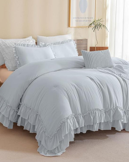 Shabby Ruffled King Comforter Set,Farmhouse Cornflower Blue Bedding Comforter Lightweight Ultra Soft Vintage Rustic Bedding 3pc (1 Ruffle Comforter and 2 Pillowcases) - LeafyLoom