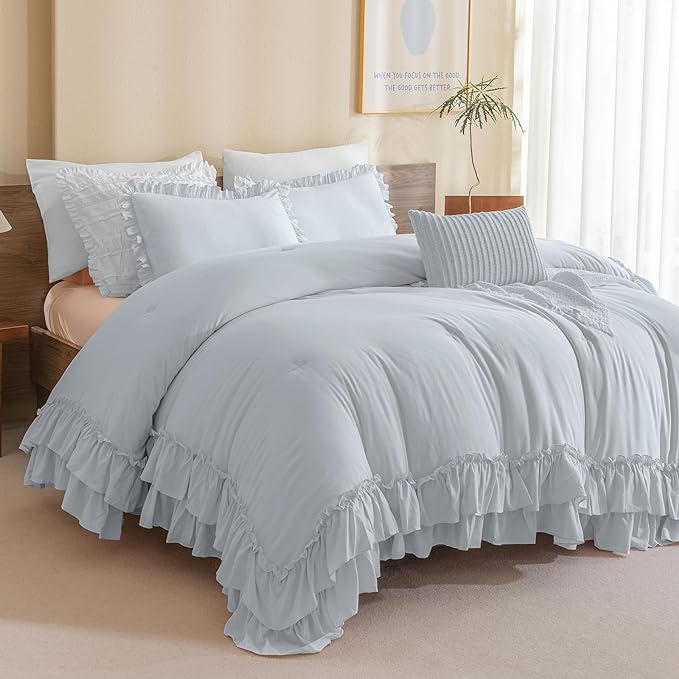 Shabby Ruffled King Comforter Set,Farmhouse Cornflower Blue Bedding Comforter Lightweight Ultra Soft Vintage Rustic Bedding 3pc (1 Ruffle Comforter and 2 Pillowcases) - LeafyLoom