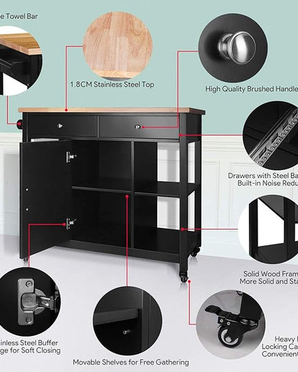 ChooChoo Kitchen Islands on Wheels with Wood Top, Utility Wood Movable Kitchen Cart with Storage and Drawers, Black - LeafyLoom
