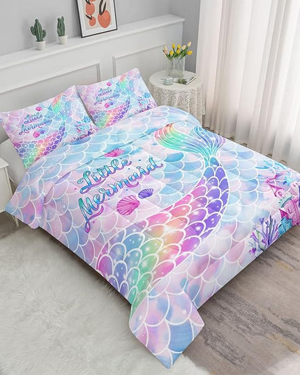 Datura home Bedding Comforter Set Rainbow Purple Mermaid Tail Printed Comforter Set with 1 Comforter and 2 Pillowcases for Girls Bedroom All Season(Rainbow Purple Full) - LeafyLoom