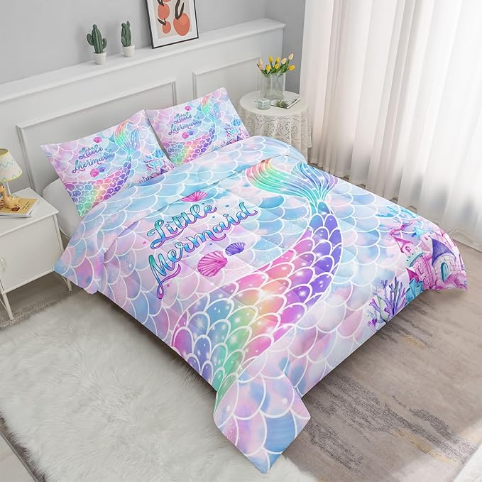 Datura home Bedding Comforter Set Rainbow Purple Mermaid Tail Printed Comforter Set with 1 Comforter and 2 Pillowcases for Girls Bedroom All Season(Rainbow Purple Full) - LeafyLoom