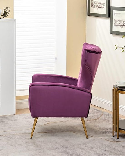 Armchair Modern Velvet Accent Chair, Channel Tufted Bedroom, Office or Living Room Furniture with Elegant Metal Legs, Purple - LeafyLoom