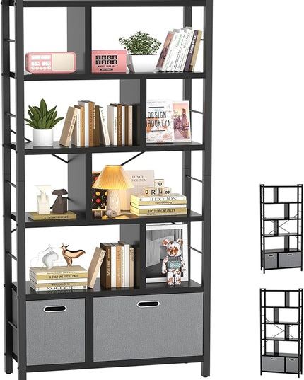 armocity 74 Inch Tall Bookshelf, 6 Tier Bookcase with Drawers, Modern Book Shelf Display Standing Shelf Units with Storage, Wood and Metal Bookshelves for Living Room, Bedroom, Home Office, Black - LeafyLoom