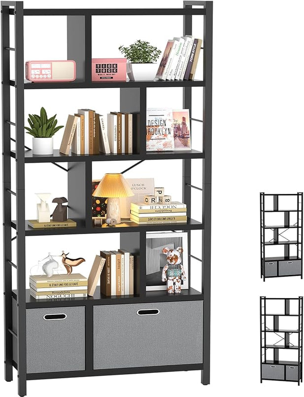 armocity 74 Inch Tall Bookshelf, 6 Tier Bookcase with Drawers, Modern Book Shelf Display Standing Shelf Units with Storage, Wood and Metal Bookshelves for Living Room, Bedroom, Home Office, Black - LeafyLoom