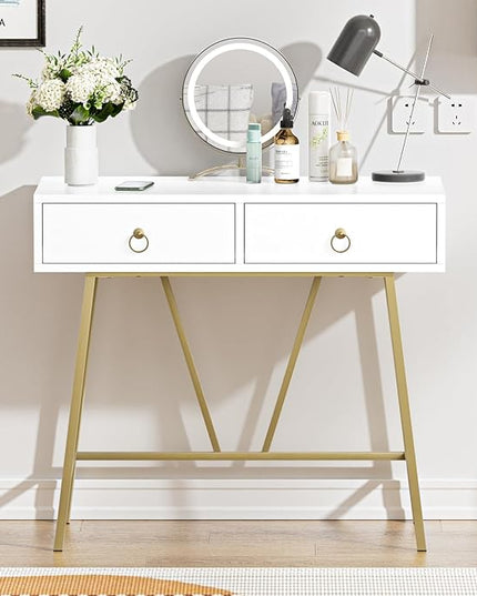 Anmytek Modern Home Office Desk, 35.4 Inch Makeup Vanity Table White Study Desk 2 Drawers Writing Desk Computer Desk with Golden Legs, D0002 - LeafyLoom