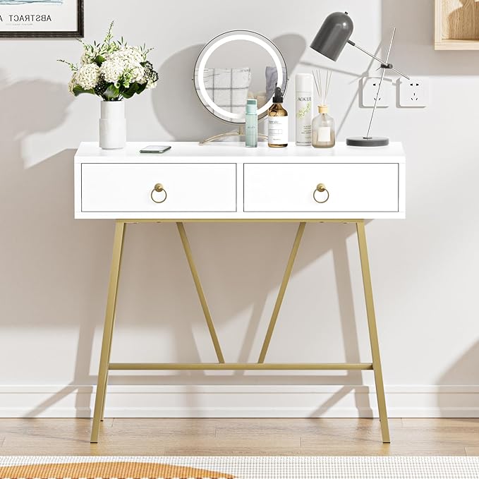 Anmytek Modern Home Office Desk, 35.4 Inch Makeup Vanity Table White Study Desk 2 Drawers Writing Desk Computer Desk with Golden Legs, D0002 - LeafyLoom