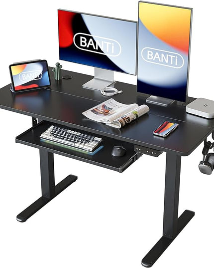 BANTI 48" x 24" Height Adjustable Electric Standing Desk with Keyboard Tray, Sit Stand up Desk with Splice Board, Black Frame/Black Top - LeafyLoom