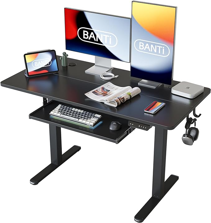 BANTI 48" x 24" Height Adjustable Electric Standing Desk with Keyboard Tray, Sit Stand up Desk with Splice Board, Black Frame/Black Top - LeafyLoom