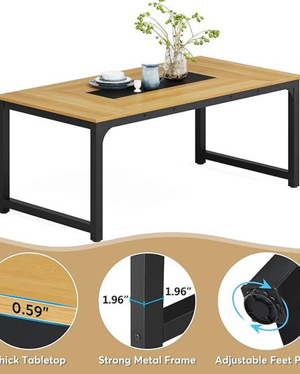70.9 Inch Large Dining Table Rectangular Kitchen Furniture for 6 to 8 People, Walnut+Black - LeafyLoom