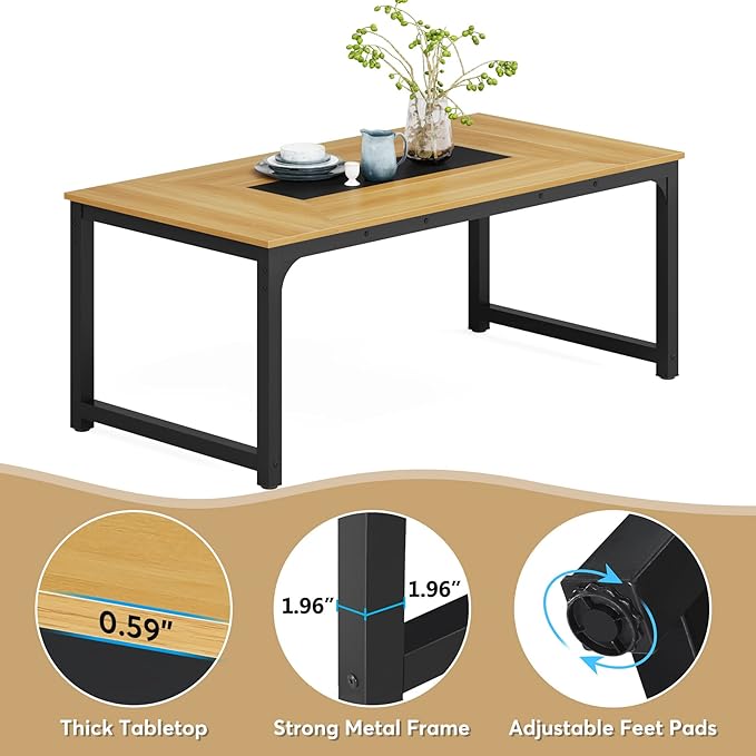 70.9 Inch Large Dining Table Rectangular Kitchen Furniture for 6 to 8 People, Walnut+Black - LeafyLoom