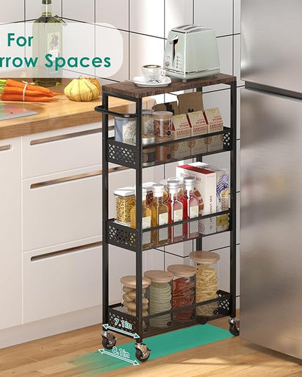 Slim Storage Cart 4 Tier Narrow Kitchen Rolling Cart on Wheels for Small Space, Mobile Utility Cart Shelving Unit with Wooden Top and Metal Handle for Kitchen, Bathroom, Laundry Room - LeafyLoom
