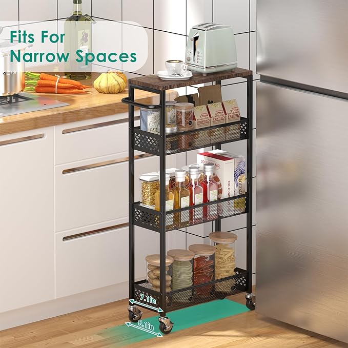 Slim Storage Cart 4 Tier Narrow Kitchen Rolling Cart on Wheels for Small Space, Mobile Utility Cart Shelving Unit with Wooden Top and Metal Handle for Kitchen, Bathroom, Laundry Room - LeafyLoom