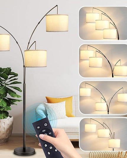 Arc Floor Lamp for Living Room with Remote Control, Dimmable Modern Mid Century 3 Lights Arched Tall Floor Lamp, Adjustable Standing Corner Lamp for Living Room Bedroom Office (Black+White Shade) - LeafyLoom