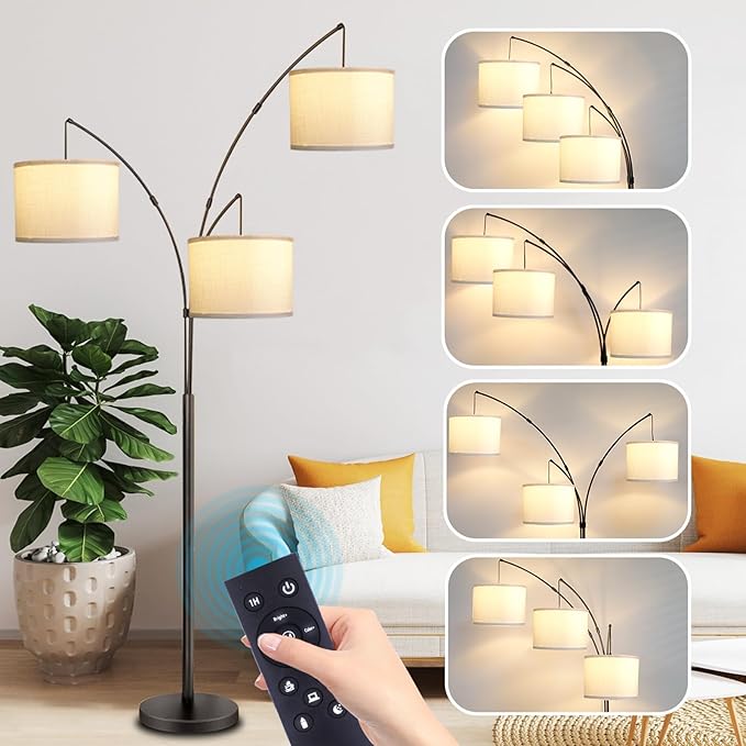 Arc Floor Lamp for Living Room with Remote Control, Dimmable Modern Mid Century 3 Lights Arched Tall Floor Lamp, Adjustable Standing Corner Lamp for Living Room Bedroom Office (Black+White Shade) - LeafyLoom