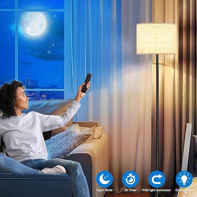 Floor Lamp for Living Room Bedroom,Modern LED Floor Lamp with Remote Control and Dimmable Standing Lamps with Foot Switch Office Kid Room,Tall Lamp,RGB 9W Bulb Included - LeafyLoom