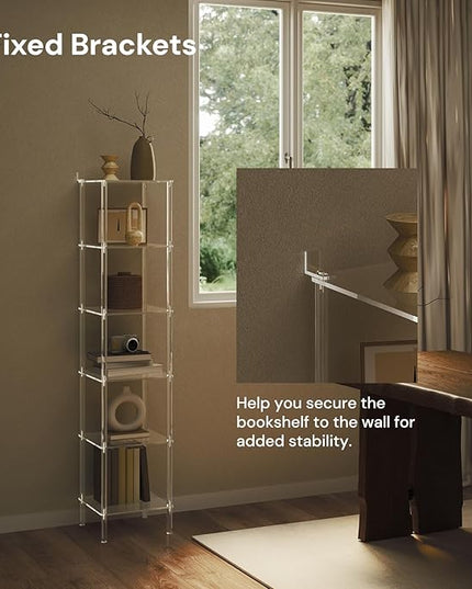 6 Tier Square Acrylic Bookshelf, Small Bookcase with Acrylic Fittings for Fixing to Wall, Corner Display Shelf for Living Room, Bedroom, Bathroom, Small Spaces, Clear, 11.6'' W x 53.9'' H - LeafyLoom