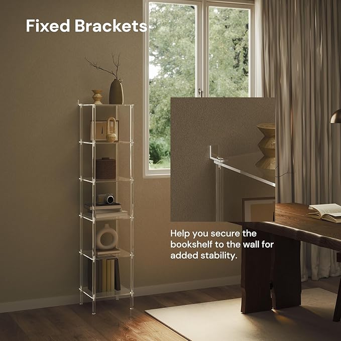 6 Tier Square Acrylic Bookshelf, Small Bookcase with Acrylic Fittings for Fixing to Wall, Corner Display Shelf for Living Room, Bedroom, Bathroom, Small Spaces, Clear, 11.6'' W x 53.9'' H - LeafyLoom