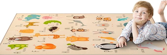 Booooom Jackson ABC Kids Classroom Rugs - 5'x6'6" Educational Numbers and Animal Carpet for Preschool, Classroom, and Kid's Room Safety and Learning - Alphabet Rug for Boys and Girls - LeafyLoom