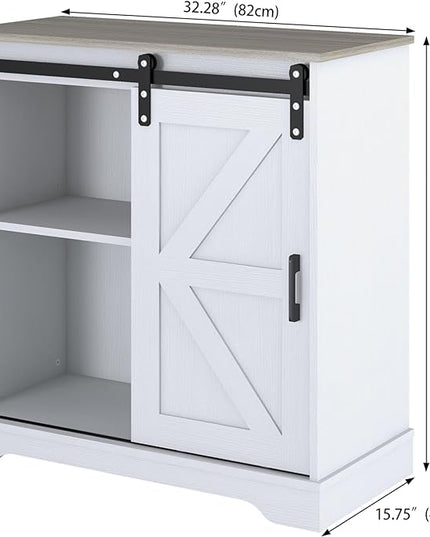 Panana Sliding Barn Door Buffet Sideboard Storage Cabinet Coffee Bar Kitchen Farmhouse Style (White Cabinet Nature Top) - LeafyLoom