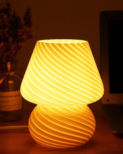 BSOD Pink Mushroom Lamp,Glass Mushroom Bedside Table Lamps Translucent Murano Vintage Style Striped Small Nightstand Desklamp Swirl Light for Home Decor, Dining, Living, Bedroom, Gift (Stripe Pink) - LeafyLoom