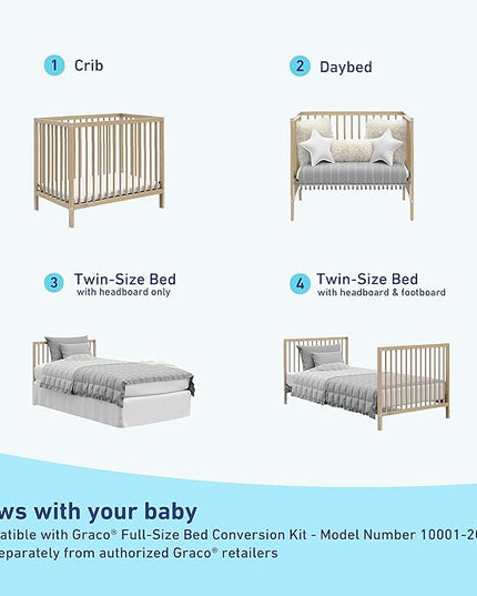 Graco Teddi 4-in-1 Convertible Mini Crib with Bonus Water-Resistant Mattress (Driftwood) – GREENGUARD Gold Certified, 2.75-Inch Mattress Included, Convenient Size, Easy 30-Minute Assembly - LeafyLoom