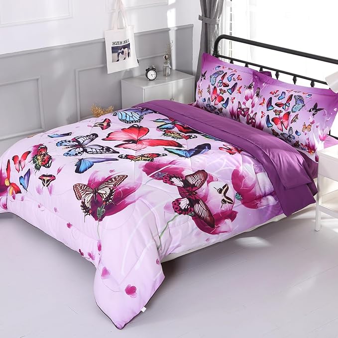 ENCOFT Pink and Purple Butterfly Comforter Set Twin, 3 Pieces Soft Microfiber Lightweight Butterfly Twin Bed Comforter Set, Extra Long Twin XL Comforter for Girls, Teen, 68"x92" - LeafyLoom