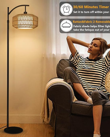 Arc Floor Lamps for Living Room, Dimmable Rattan Floor Lamp with Remote & LED Bulb, Mid Century Modern Standing Lamp with Double Shades, Boho Farmhouse Tall Pole Lamps for Bedroom Office - LeafyLoom