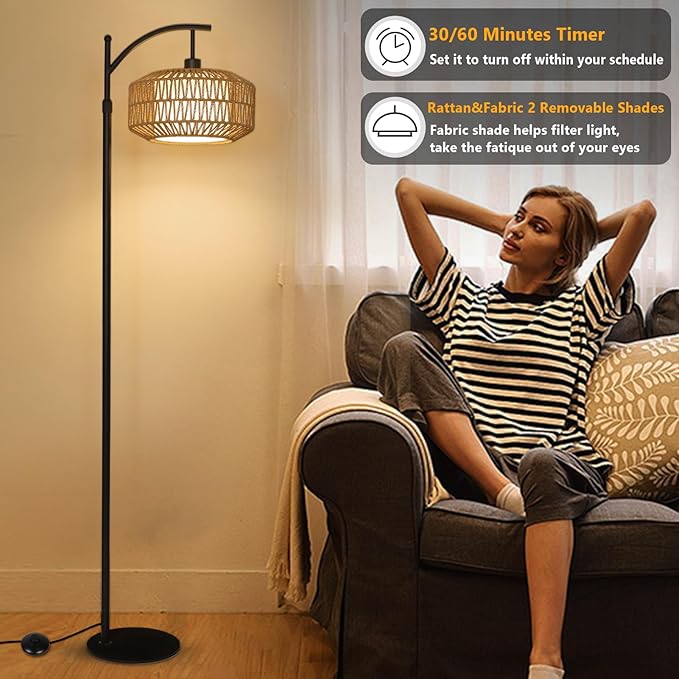 Arc Floor Lamps for Living Room, Dimmable Rattan Floor Lamp with Remote & LED Bulb, Mid Century Modern Standing Lamp with Double Shades, Boho Farmhouse Tall Pole Lamps for Bedroom Office - LeafyLoom