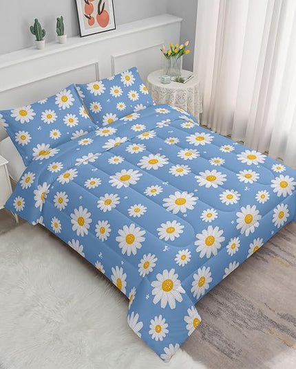 Datura home Flower Comforter Set Blue Daisy Floral Printed Pattern Quilt Bedding with 1 and 2 Pillowcases for Girls Women Bedroom All Season(Blue Full) Full 80x90inches - LeafyLoom