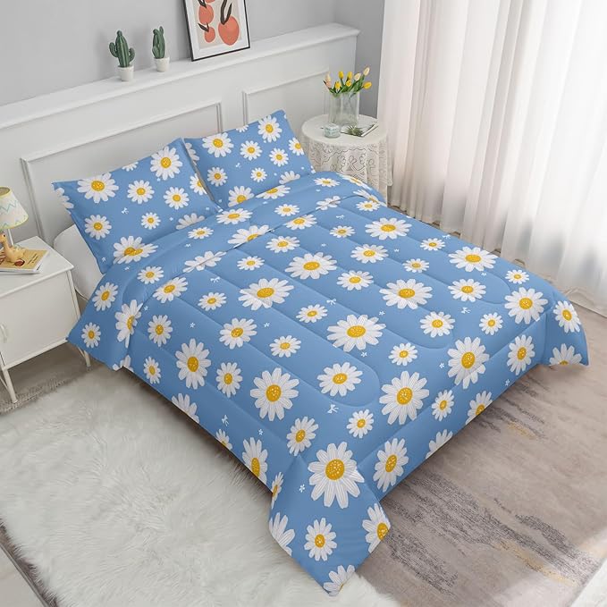 Datura home Flower Comforter Set Blue Daisy Floral Printed Pattern Quilt Bedding with 1 and 2 Pillowcases for Girls Women Bedroom All Season(Blue Twin) Twin 68x86inches - LeafyLoom