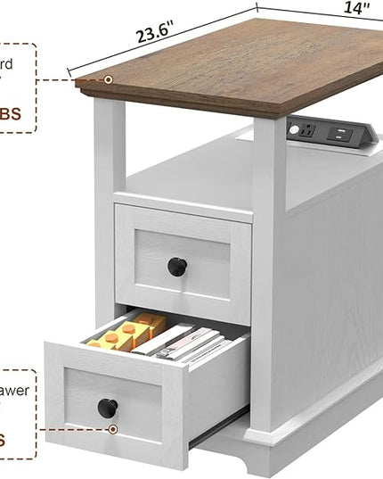 HIFYOBRO End Table with 2 Drawers, White Storage Side Table with Flip Top Fast Charging Station, Type-C & USB port & Power outlets, Wooden Storage Cabinet for Living Room and Bedroom - LeafyLoom