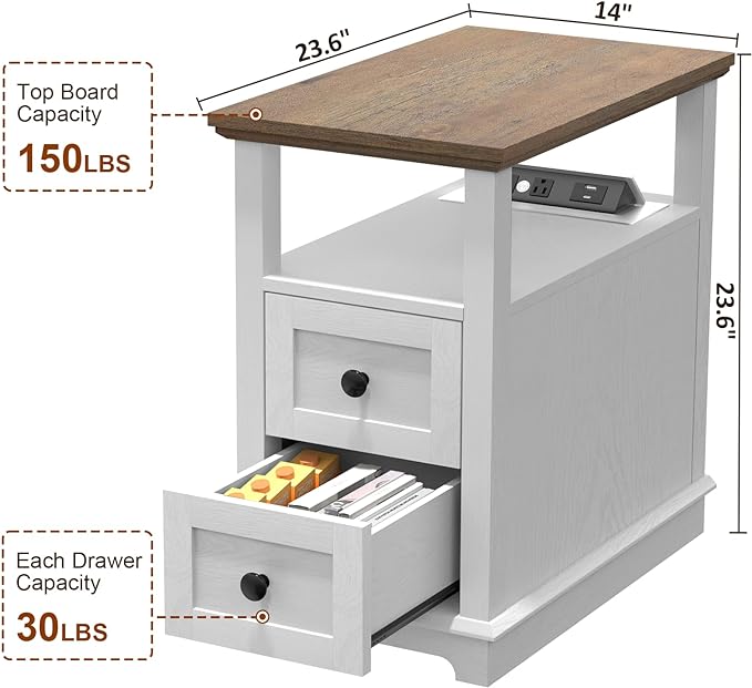 HIFYOBRO End Table with 2 Drawers, White Storage Side Table with Flip Top Fast Charging Station, Type-C & USB port & Power outlets, Wooden Storage Cabinet for Living Room and Bedroom - LeafyLoom