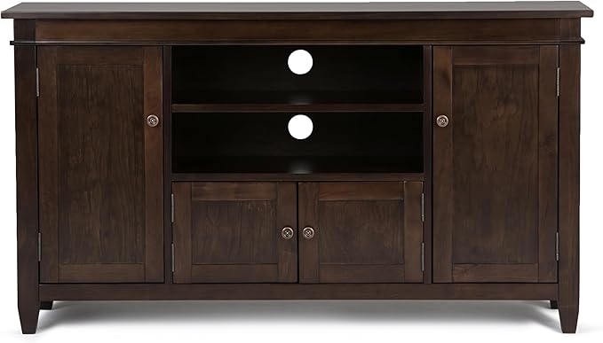 SIMPLIHOME Carlton SOLID WOOD Universal TV Media Stand, 54 Inch Wide, Contemporary, Living Room Entertainment Center, for Flat Screen TVs up to 60 Inch in Dark Tobacco Brown - LeafyLoom