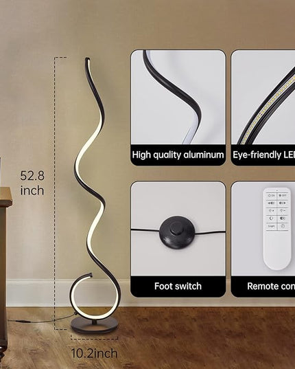 LED Lamp with Remote Control and Foot Switch 53in Modern, Living Room Bright 48W Dimmable 3 Color Black Standing Lamp with 1H Timer Corner Floor Lamp for Office Bedroom - LeafyLoom