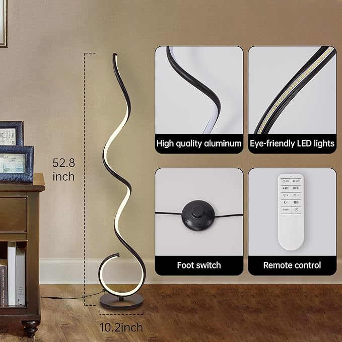 LED Lamp with Remote Control and Foot Switch 53in Modern, Living Room Bright 48W Dimmable 3 Color Black Standing Lamp with 1H Timer Corner Floor Lamp for Office Bedroom - LeafyLoom