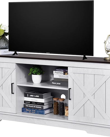 YITAHOME TV Stand for 65 Inch TV, Farmhouse Entertainment Center with Double Barn Doors and Storage Cabinets, Rustic TV Cabinet Media Console Table for Living Room, 59 Inch, Grey White/Espresso - LeafyLoom